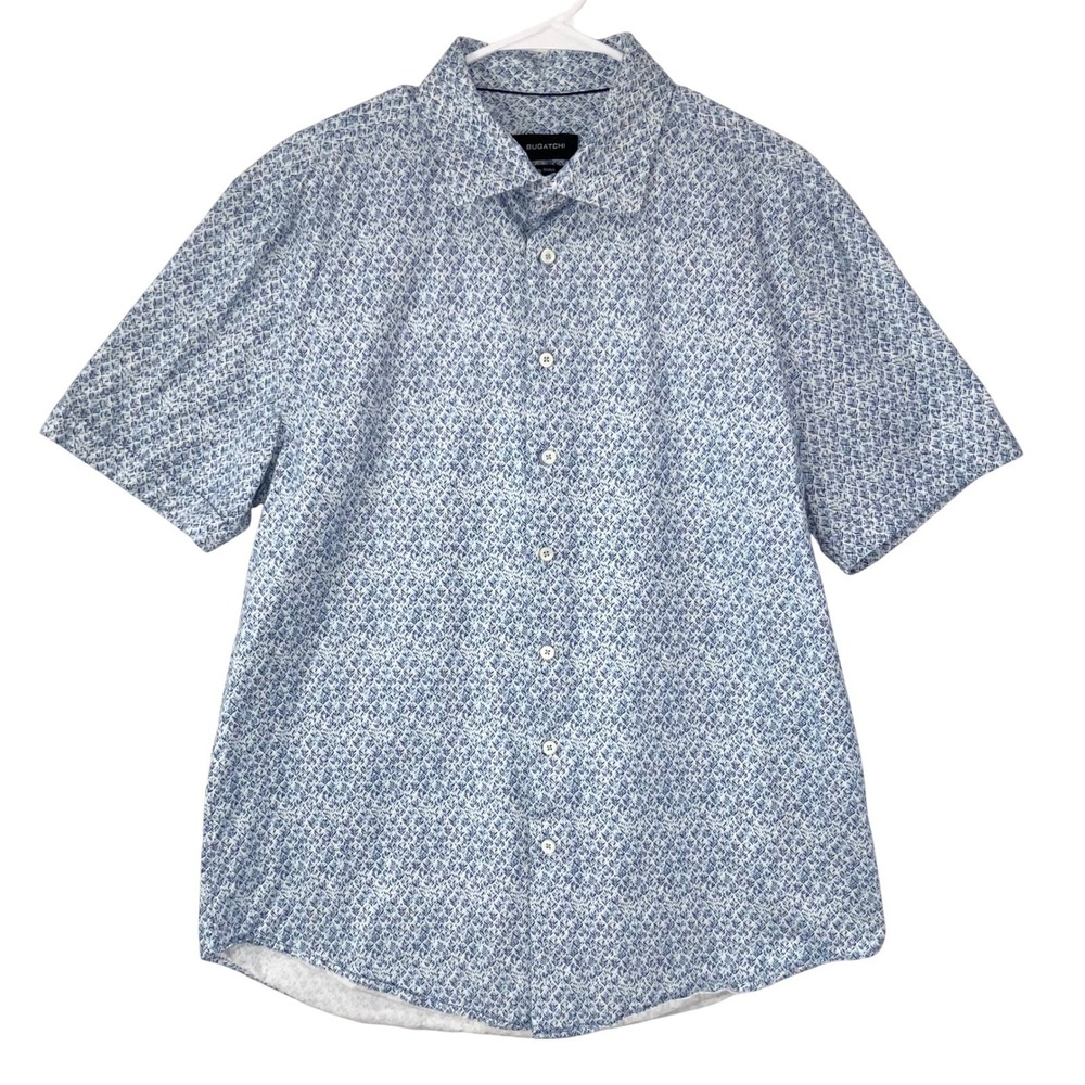 Bugatchi Mens XL Short Sleeve Button Down Shirt Blue White Leaf 8 Way Stretch